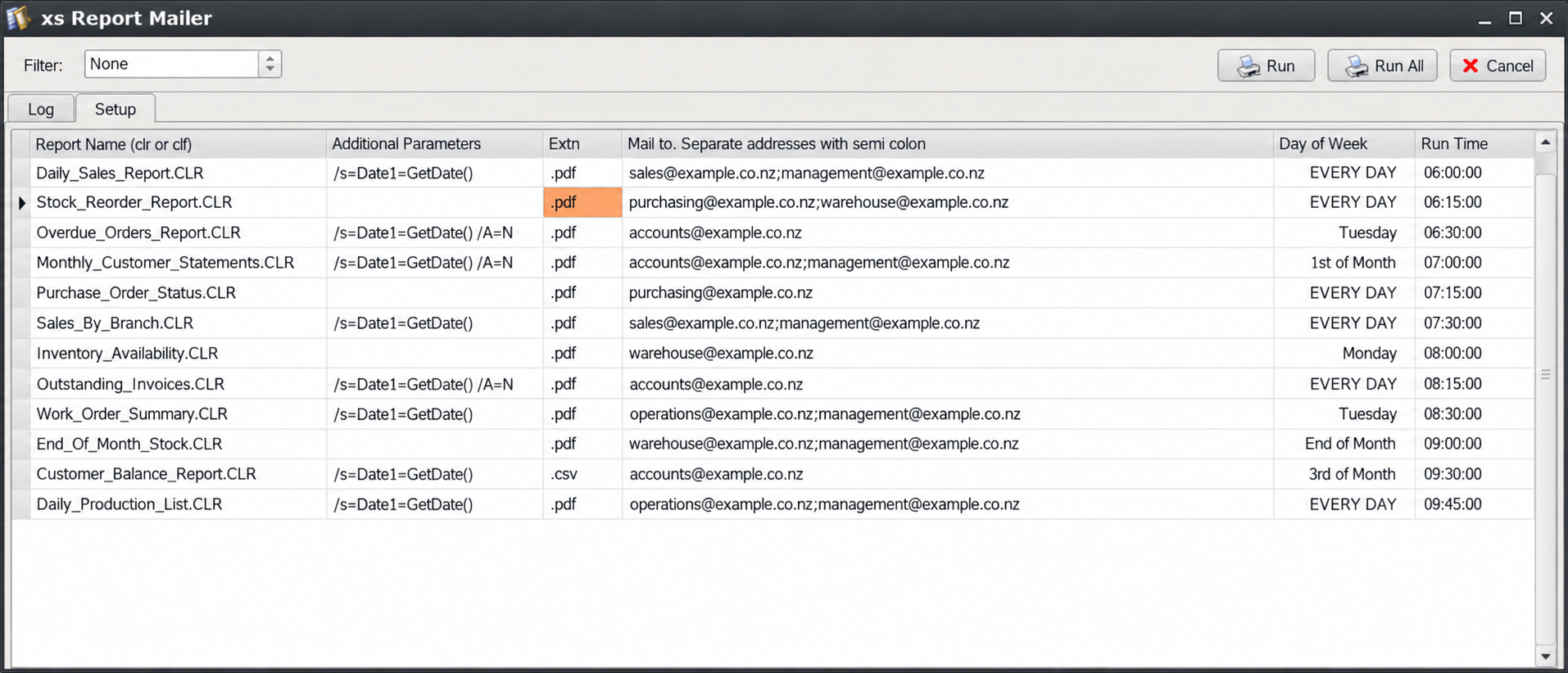 MYOB Exo Auto Report Mailer schedule showing generic reports and recipients